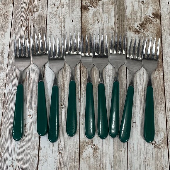 Vintage ONEIDA 55 Pc Lot Green Plastic Handle Utensil Stainless Steel Flatware - Picture 3 of 12